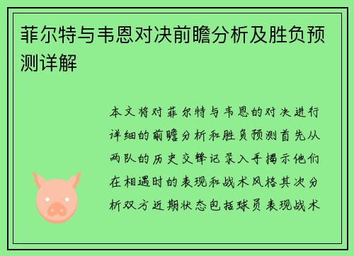 菲尔特与韦恩对决前瞻分析及胜负预测详解